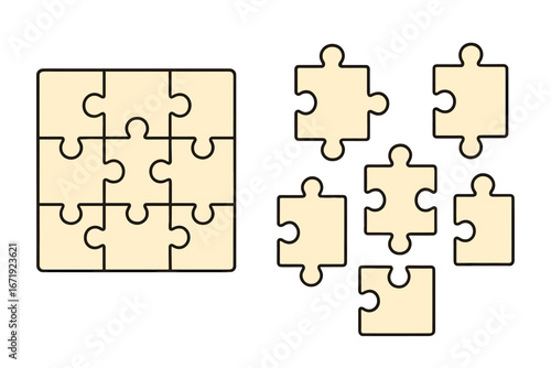 Various puzzle piece shapes arranged in two groups for creative design or educational purposes, vector cartoon illustration, transparent background, ordered set of 9 puzzle pieces