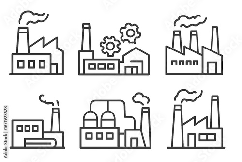 Industrial building icon set. Factory line art collection. Vector icons for concepts like manufacturing, production, power plant, energy, pollution. Simple outline graphic element.
