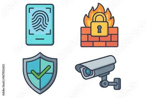 Vector cartoon illustration highlighting key cybersecurity elements including fingerprint scanning, firewall protection, shield security, and surveillance camera system for digital safety