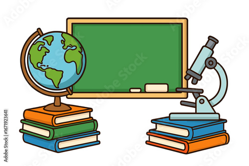 Colorful vector illustration of educational tools including books, globe, chalkboard, and microscope in a classroom setting, cartoon style, school and learning concept