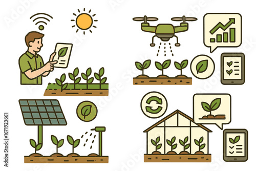 Innovations in Sustainable Agriculture Technology Enhancing Farming Efficiency and Crop Health, Modern Smart Farming Tools, Precision Agriculture, Green Farming Solutions Vector Cartoon Illustration