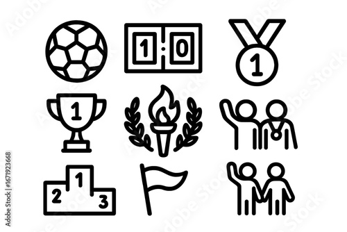 Sports competition and achievement line icon set. Winner, trophy, medal, and podium symbols. Minimalist vector graphic for game awards, soccer championship, and success concept.