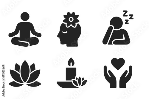 Meditation and Relaxation Icons Set, Solid Filled Mindfulness and Wellness Symbols, Vector Cartoon Illustration with Transparent Background, Yoga, Meditation, Sleep, Peace, Candle, Love, Wellness