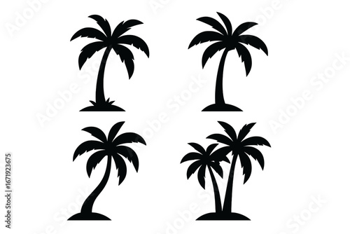 Palm tree silhouette icon set. Black vector graphic of coconut palms for tropical summer designs. Exotic nature element for beach, island, holiday, vacation, and travel concepts.