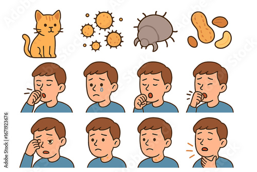 Illustration of Allergies and Symptoms with Various Triggers and Reactions Depicted in a Clear Informative Cartoon Style Vector Art Showing Allergic Responses