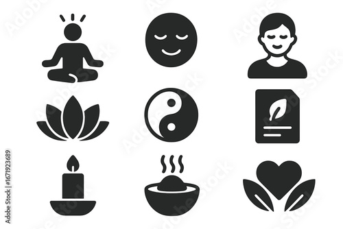 Meditation and Wellness Solid Icon Set – Calm Relaxation Mindfulness Symbols Vector Illustration with Lotus, Candle, Yin Yang, Spa, and Zen Elements for Mental Health and Self-Care
