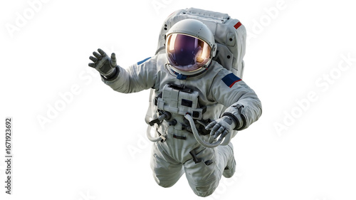 Fototapeta Naklejka Na Ścianę i Meble -  Astronaut waving hello while floating in outer space wearing a detailed white spacesuit and helmet isolated on transparent background