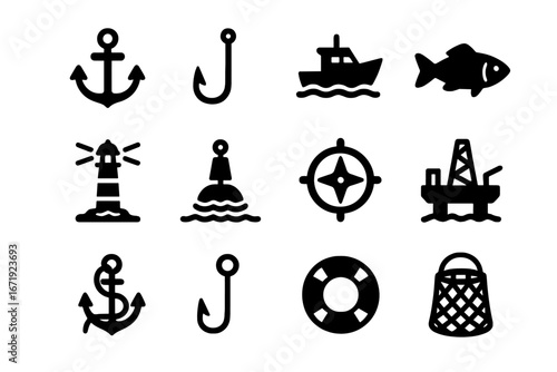 Marine and fishing solid icon set with nautical sea boat fish lighthouse buoy compass oil rig anchor hook life preserver and basket icons vector collection