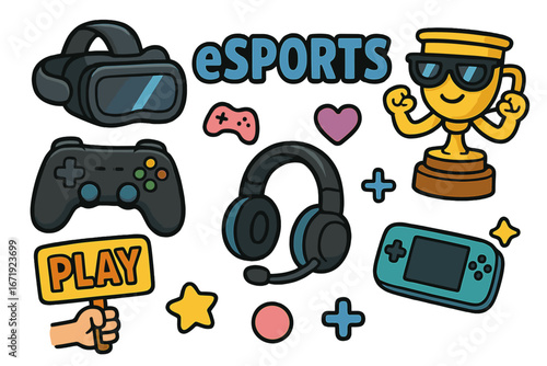 Colorful vector illustration of gaming symbols, virtual reality gear, esports culture accessories, including VR headset, controllers, headphones, trophy, and playful icons, transparent background
