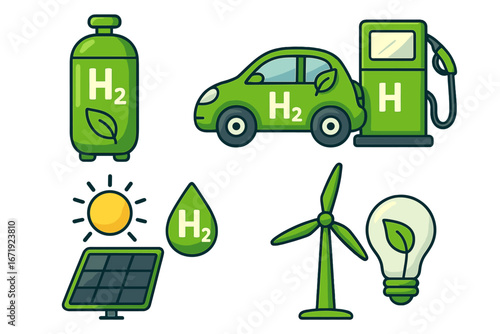 Innovative Hydrogen Energy Symbols Showcasing Green Technology Solutions for a Sustainable Future in Renewable Energy, Eco-Friendly Power, Clean Fuel and Environmentally Safe Vector Illustration