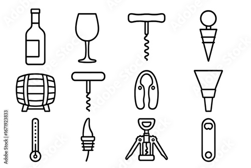 Wine accessories icon set in linear style, including winery and bar tools, drink collection vector illustration, cartoon style, transparent background, elegant beverage symbols