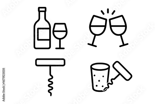 Wine and bar outline icon set featuring drink bottle, wine glasses clinking, corkscrew and glass in modern line style, vector cartoon illustration with transparent background, ordered set