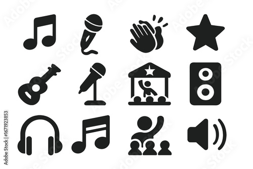 Solid music and performance icons set with concert symbols, audio equipment, headphones, microphone, applause, stage and speaker vector cartoon illustration with transparent background