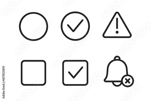 Check mark icon set for UI and UX design. Line vector symbols for task completion, selection, and alerts. Includes checkbox, radio button, warning sign, and mute notification.