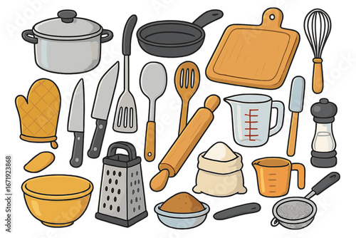 Kitchen tools and utensils set for cooking and baking activities, vector cartoon illustration with transparent background, ordered collection of cookware, baking essentials, and kitchen gadgets