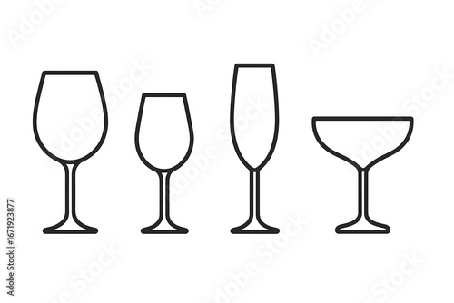 Elegant wine and champagne glass icon set, stylish line art collection of glassware silhouettes, transparent background vector illustration, refined drinkware design elements