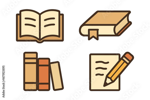 Minimalistic vector illustrations of reading materials and writing tools, open book, closed book with bookmark, stacked books, and note with pencil, education and knowledge concepts