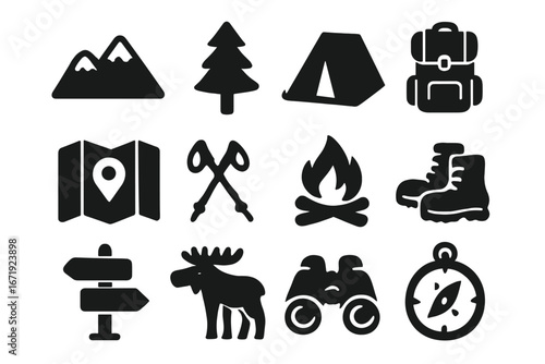 Nature and Adventure Silhouette Icon Set, Filled Solid Outdoor and Travel Symbols, Vector Cartoon Illustration with Transparent Background, Hiking, Camping, Wildlife, Exploration