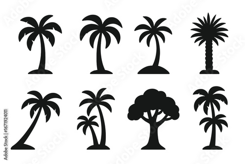 Nature trees silhouette icon set with palm trees and tropical forest collection for design projects, vector cartoon illustration with transparent background, ordered set 3