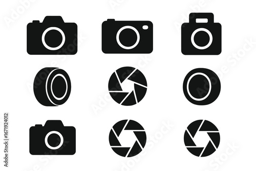 Camera silhouette icon set for photography. Vector collection of professional photographer equipment pictograms. Includes camera body, lens, and aperture shutter symbols.
