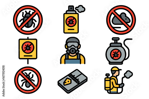 Pest control service filled icon set. Bug, insect, rodent removal and extermination collection. Vector icons for disinfestation, sprayer, trap, and exterminator worker.