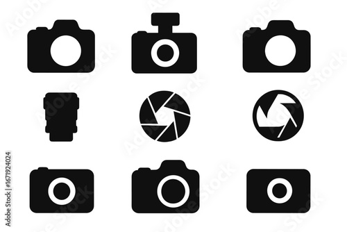 Photography camera silhouette icon set. Vector collection of photo equipment symbols like SLR, lens, and aperture shutter. Simple black graphic elements for photographer logo design.