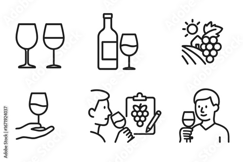 Wine tasting outline icon set with glasses, bottle, vineyard, grapes, tasting activities, sommelier, and wine lover in minimalist vector cartoon style