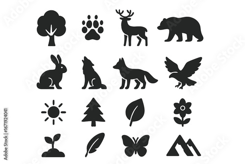 Nature and wildlife solid icon set, silhouette filled animal and plant symbols, vector cartoon illustration with transparent background, ordered forest and fauna icons collection