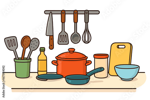 Kitchen utensils and cookware neatly arranged on a clean countertop showcasing essential cooking tools, containers, and meal preparation essentials in a colorful vector cartoon illustration