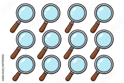 Multiple Magnifying Glasses Icon Set in Grid Layout, Cartoon Vector Illustration, Research and Exploration Tools, Inspection, Investigation, Discovery Symbols, Scientific Concepts