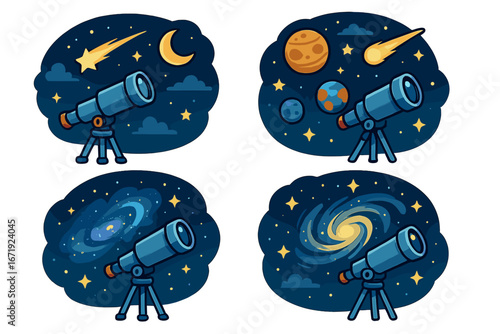 Night Sky Exploration with Telescopes and Celestial Bodies, Cosmic Phenomena Illustration Featuring Moon, Stars, Planets, Galaxies, and Meteors in Cartoon Vector Style