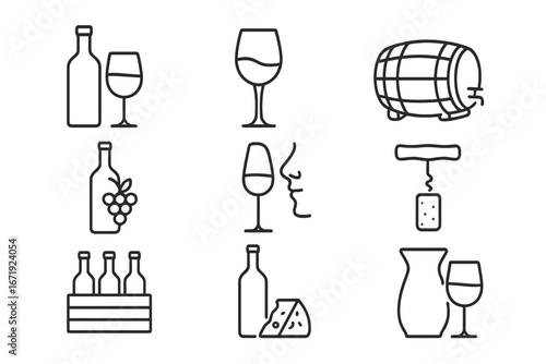 Minimalist wine tasting outline icon set, elegant vector collection of beverage symbols, cartoon style illustrations with transparent background, ordered wine drink icons