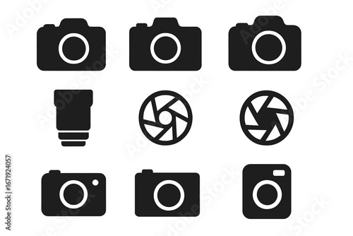 Photography camera silhouette icon set. Photo equipment symbol collection. Vector graphic element. DSLR, lens, shutter, aperture pictogram for web, app, and design project.