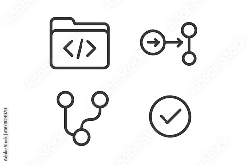 Open Source Software Icons, Outline Vector Set Featuring Code Folder, Pull Request, Branch Merge, and Commit Symbols for Project Collaboration and Development Workflow