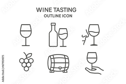 Elegant minimalist wine tasting outline icon set, vector cartoon illustration collection featuring glasses, bottles, corkscrews, and beverages with transparent background
