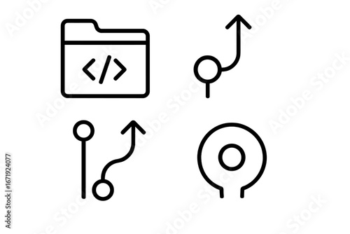 Open Source Icons Outline Set, Project Contributions, Code Repository, Pull Request, Merge Branch, Commit, Vector Cartoon Illustration, Software Development Symbols