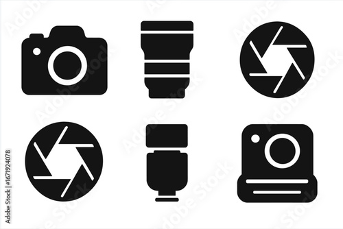 Photography camera icon set. Solid glyph icons of photo equipment. Vector collection includes dslr, lens, aperture, shutter, flash and instant camera symbols for web or print.
