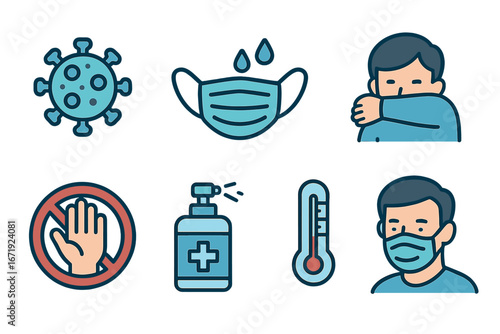 Coronavirus prevention icons set. Health safety measures for infectious disease. Vector face mask, hand sanitizer, thermometer, no touching, cough etiquette. Pandemic awareness.