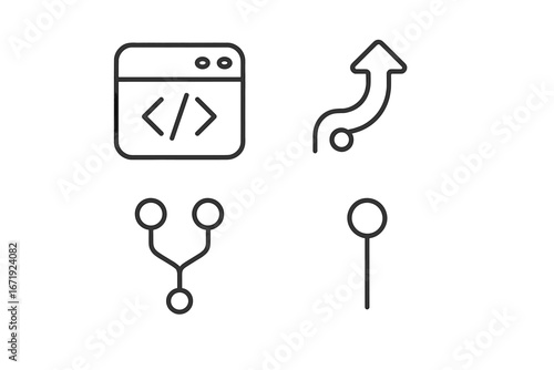 Open source icons outline set, open source project contributions, code repository, pull request, merge branch, commit symbols, vector cartoon illustration