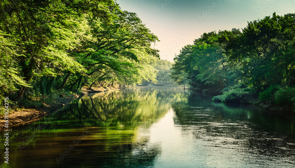 Obraz premium lush riparian corridor serene riverbank nature scene