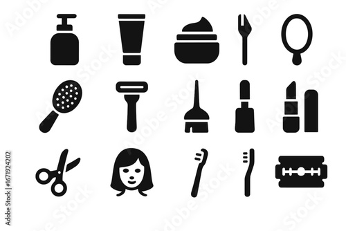 Personal care solid icons set, flat filled grooming and beauty essentials vector cartoon illustration with transparent background, hair care, skincare, makeup, hygiene tools
