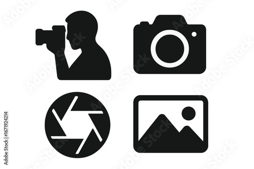 Photography icon set. Photographer silhouette, camera, lens aperture and photo gallery symbols. Digital imaging and picture concept. Solid black vector graphic illustrations.