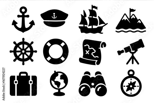 Nautical Adventure Silhouette Icon Set, Marine Exploration and Travel Icons, Nautical Ship, Captain Hat, Anchor, Compass, Map, Binoculars, Telescope, Travel and Maritime Vector Collection