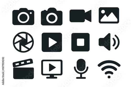 Photography and media solid icons set with simple filled camera and multimedia symbols, vector cartoon illustration, transparent background, organized symbol collection
