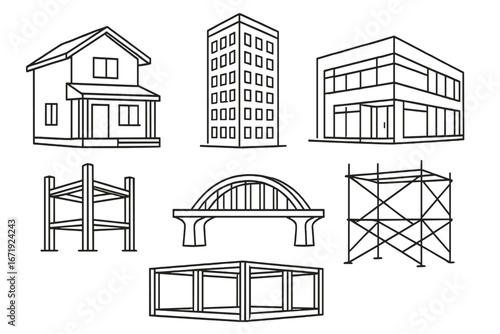 Outline Illustrations of Diverse Building Structures and Frames Depicting Urban Architecture, Construction, and Engineering Design Concepts. Vector Cartoon Style with Transparent Background