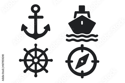 Nautical Maritime Solid Icon Set with Anchor Ship Navigation Compass and Helm Wheel Vector Cartoon Illustration Transparent Background Ordered Set