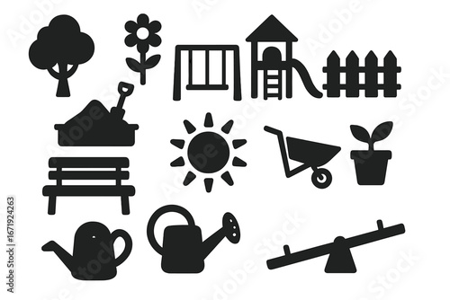 Playground and garden silhouette icon set. Vector park and outdoor symbols for kids. Recreational equipment like slide, swing, seesaw. Gardening tools, tree, flower, sun icons.