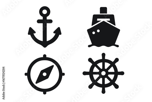 Nautical maritime icon set with anchor ship compass and steering wheel symbols collection vector illustration solid style transparent background