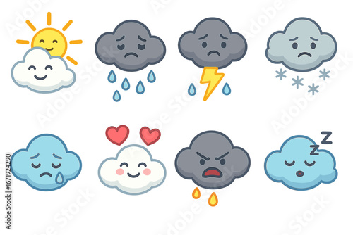 Weather mood character set. Cloud emoji collection. Cute cartoon mascot for forecast. Sun, rain, storm, snow. Happy, sad, angry, love emotion. Mental state icon. Vector illustration.