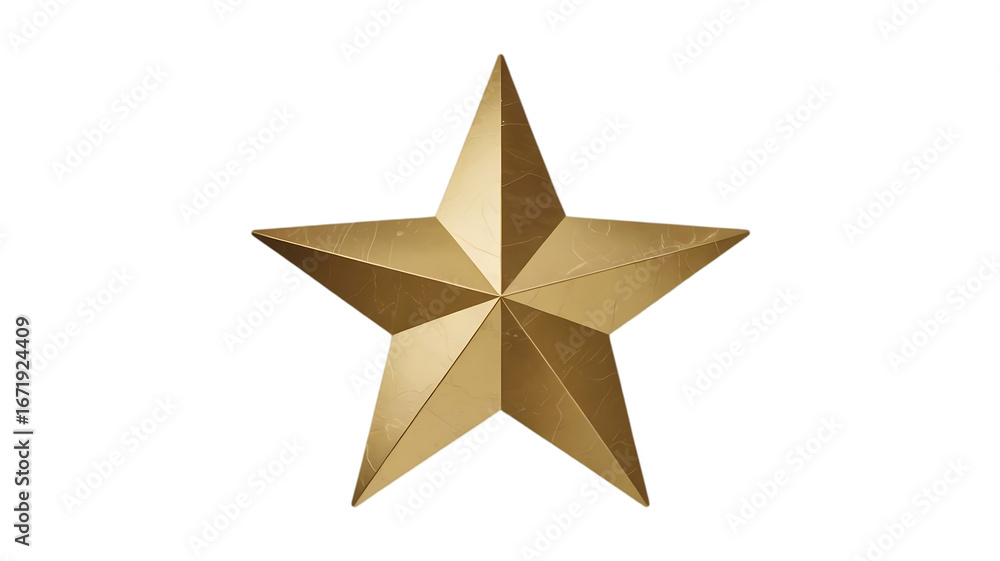 Obraz premium A single golden five pointed star with a metallic sheen and subtle shading isolated on transparent background